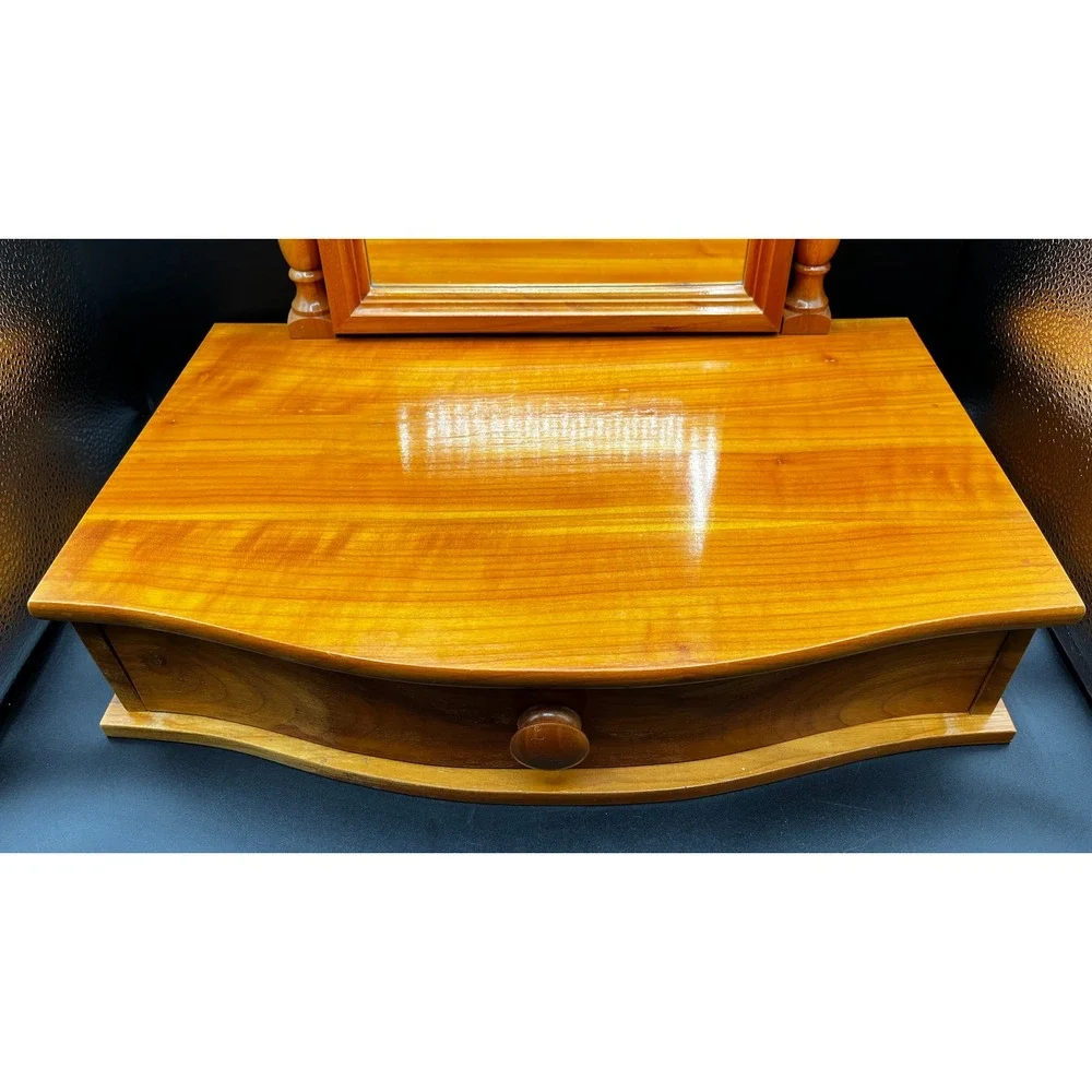 Vtg Wood Swivel Vanity Mirror Tabletop Dressing Station Storage Drawer 19x17.75